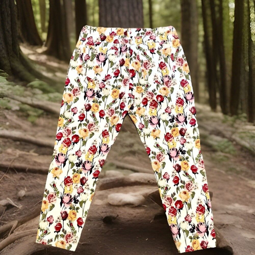 Boston Proper Rose Floral Print Pants Sparkle Women 16 Comfort 5 Pocket Rare EUC